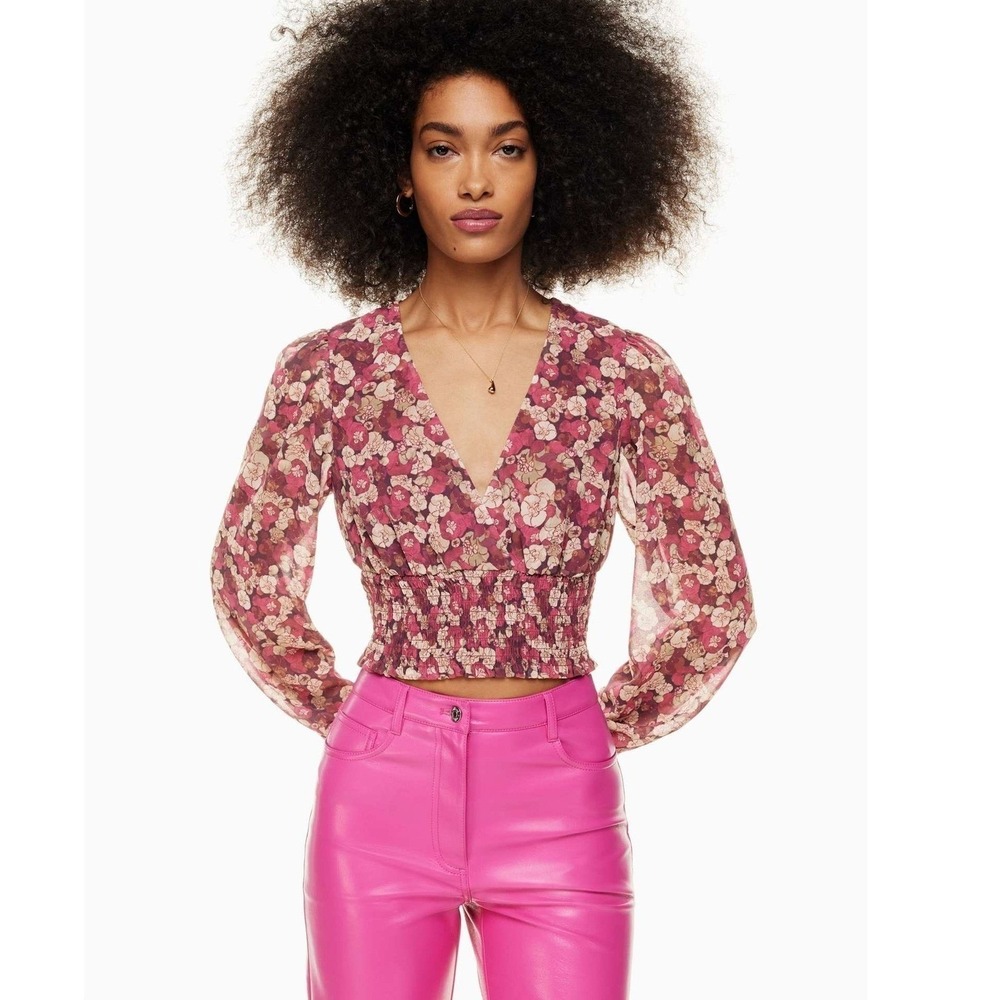 Wilfred Aritzia Wistful Smocked Waist V-Neck Blouse in Burgundy Floral Small
